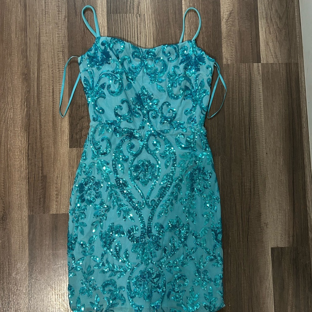 Blue/Teal Sequin Dress with crisscross back.